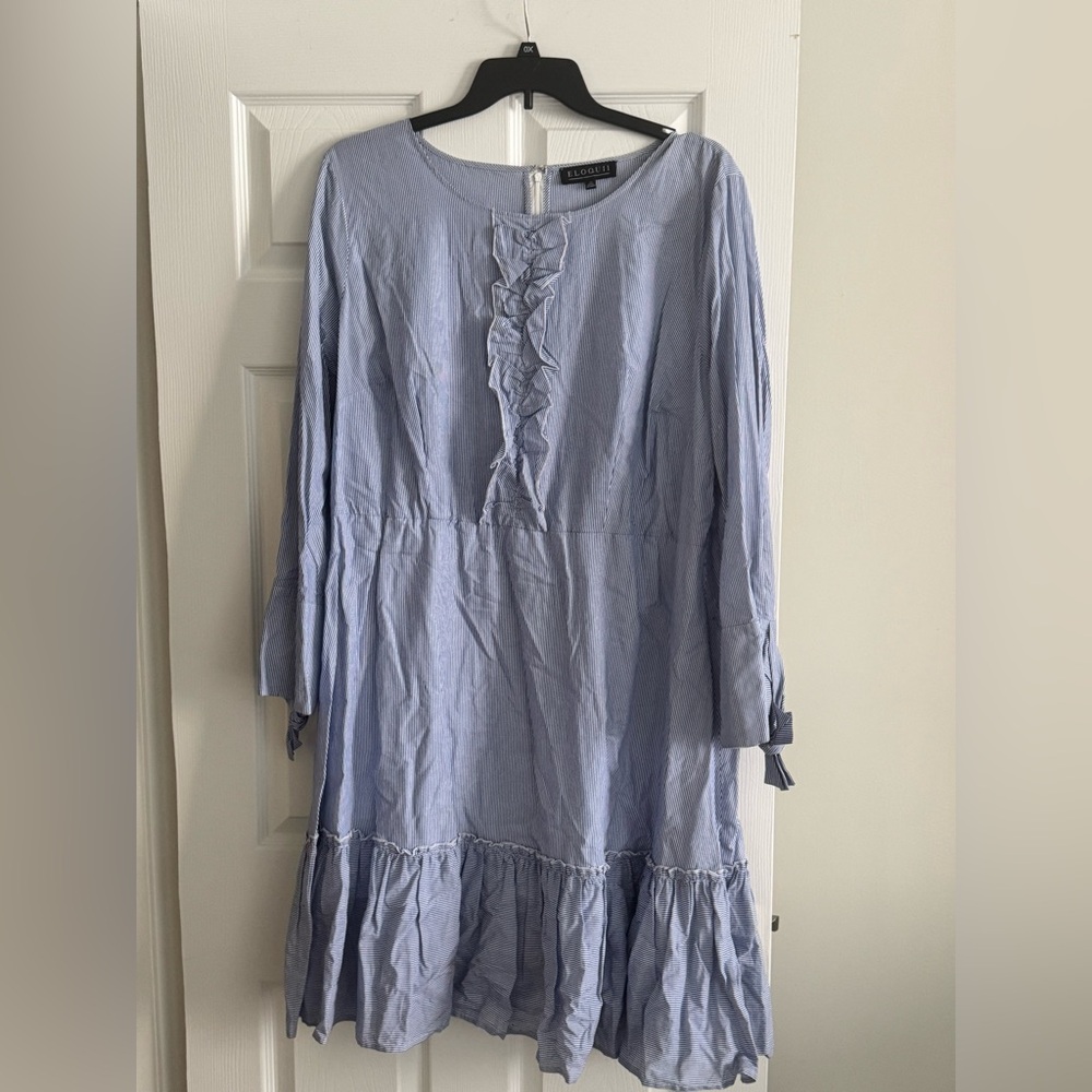 Eloquii Blue and White Ruffled Tie Front Long Sleeve Dress